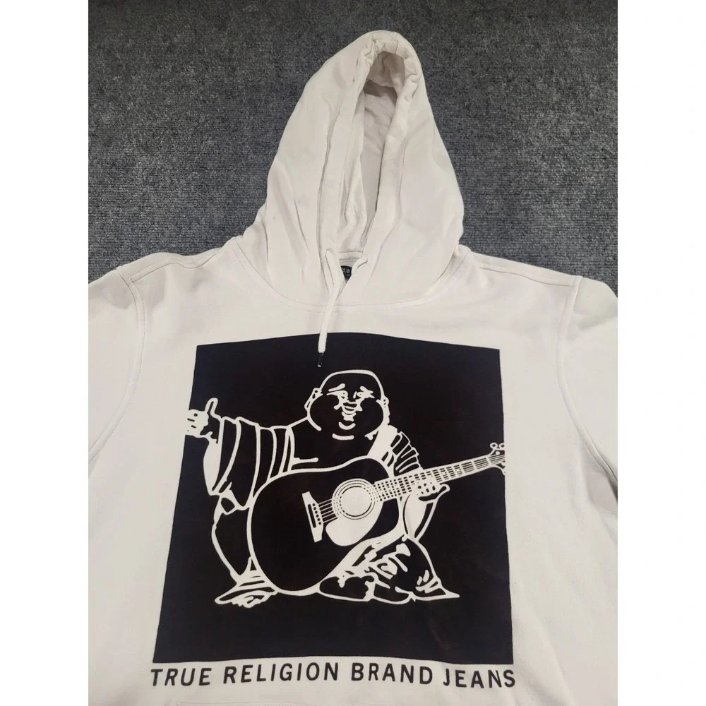 True Religion Men's White Logo Pullover Over Box Hoodie Size Large